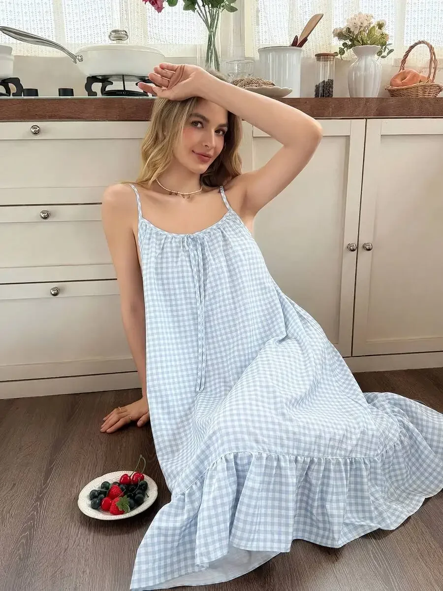 

Romantic Blue Plaid Camisole Nightgown For Women