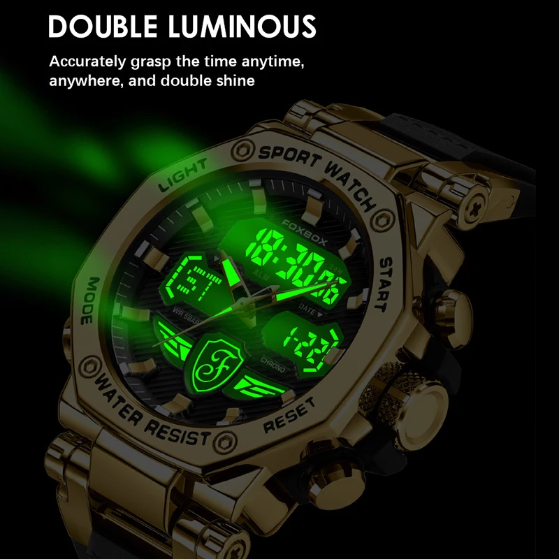 Foxbox Business Man Watches Sport Men Watch Digital Dual Display Waterproof Luminous Stainless Steel Mens Quartz Wristwatches