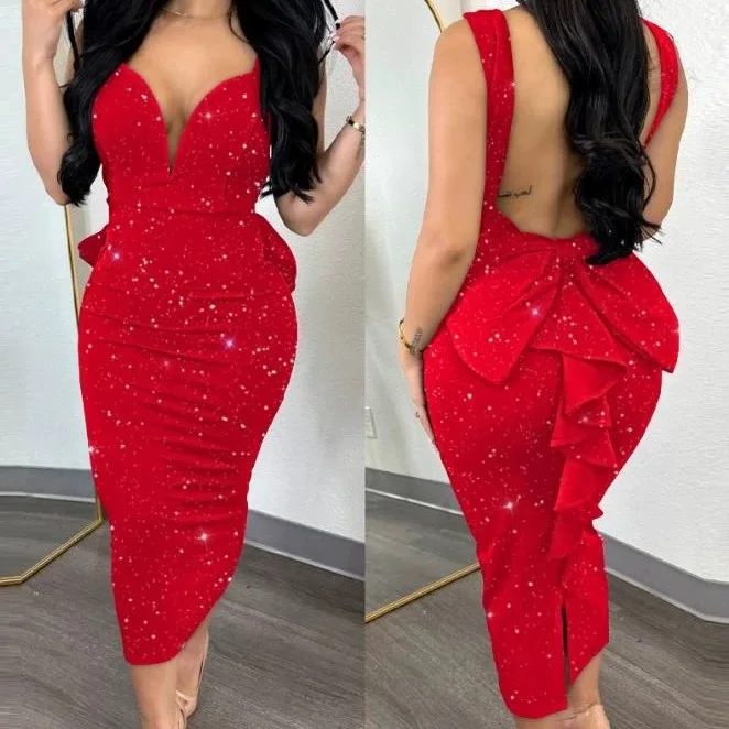 

New Dresses Women Vestidos Sexy Party Plunging V-neck Sleeveless Red Backless Bowknot Ruffles Evening Back Bodycon Midi Skirt