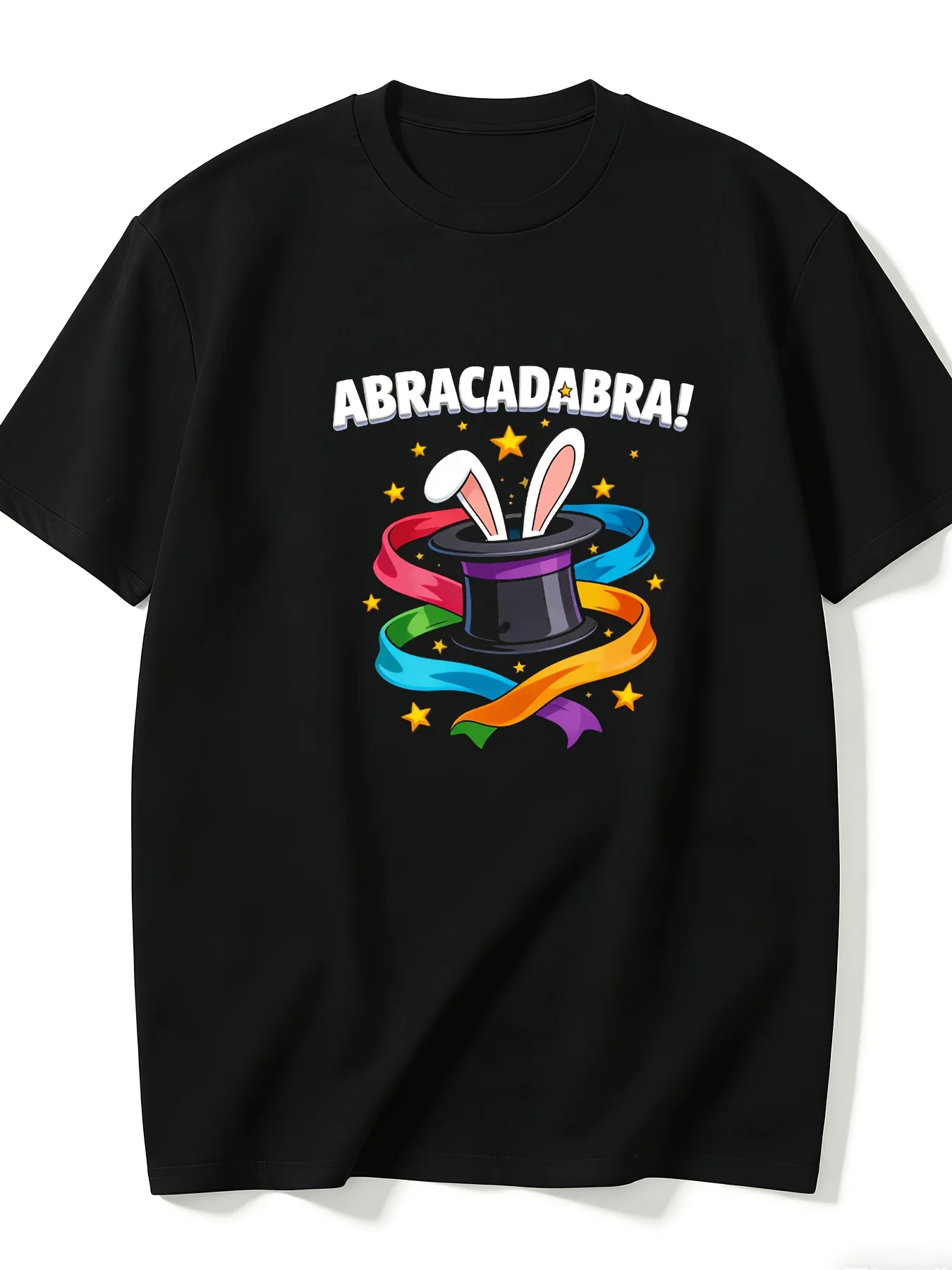 Black Short Sleeve T-Shirt | Men Women Magician Hat Bunny Ears Ribbon ABRACADABRA Print Pattern | Casual Wear, Perfect for Magic