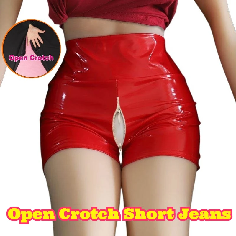 

Open Crotch Women White Shiny PU Leather Shorts High Waisted Skinny Stretch Cut Out Crotch Thin Fabric Warm Lined Slim Outwear