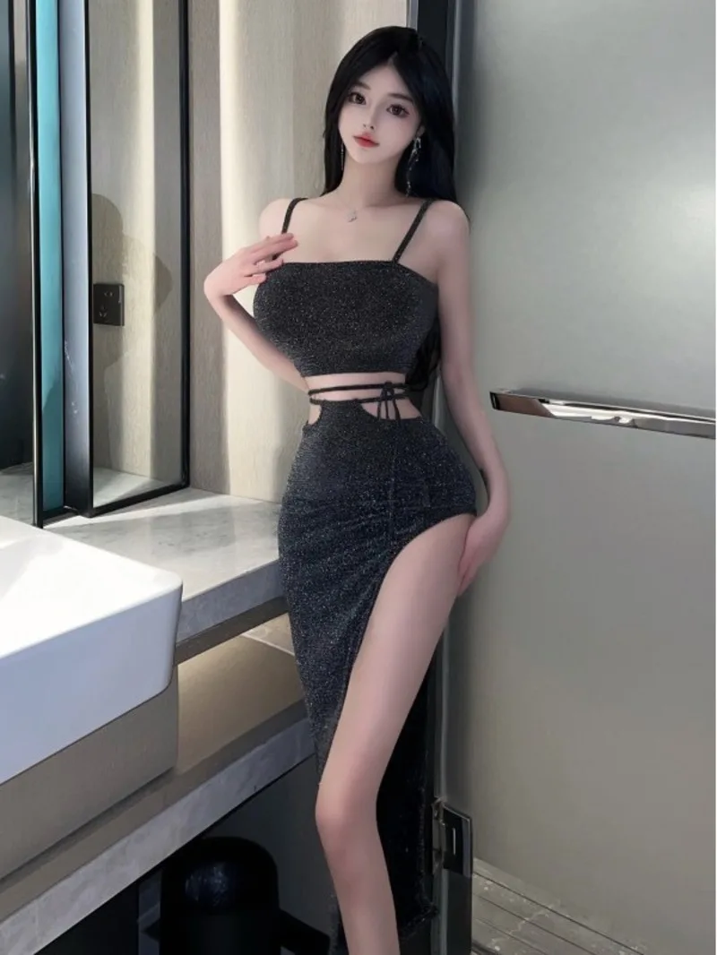 WOMENGAGA Spicy Girl Sexy Nightclub Silver Ribbon Lace Up Irregular Split Mid Length Tight Slim Hip Dress Elegant For Women ON8E