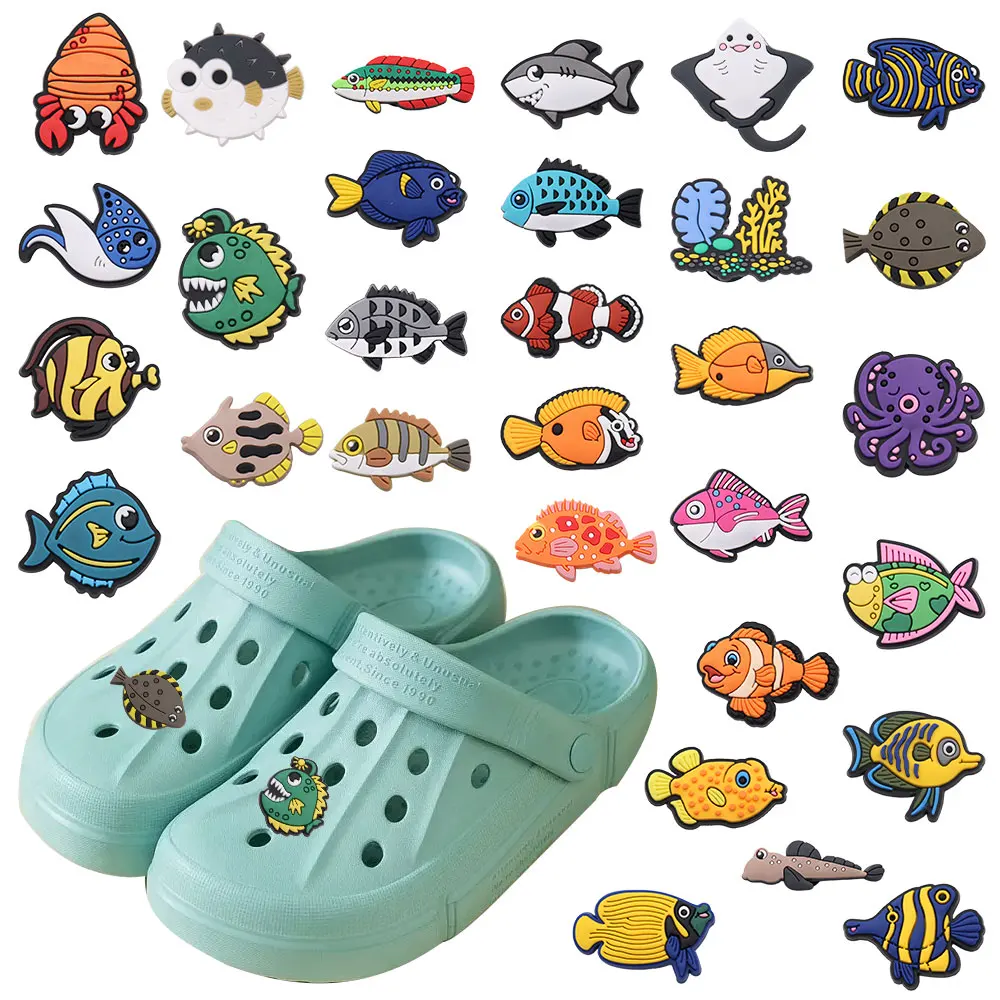 New Arrival 1pcs PVC Animal Shoe Charms Fit Wristbands Cartoon Deep Sea Fish Sandals Shoes Decoration Hole Slipper Accessories 