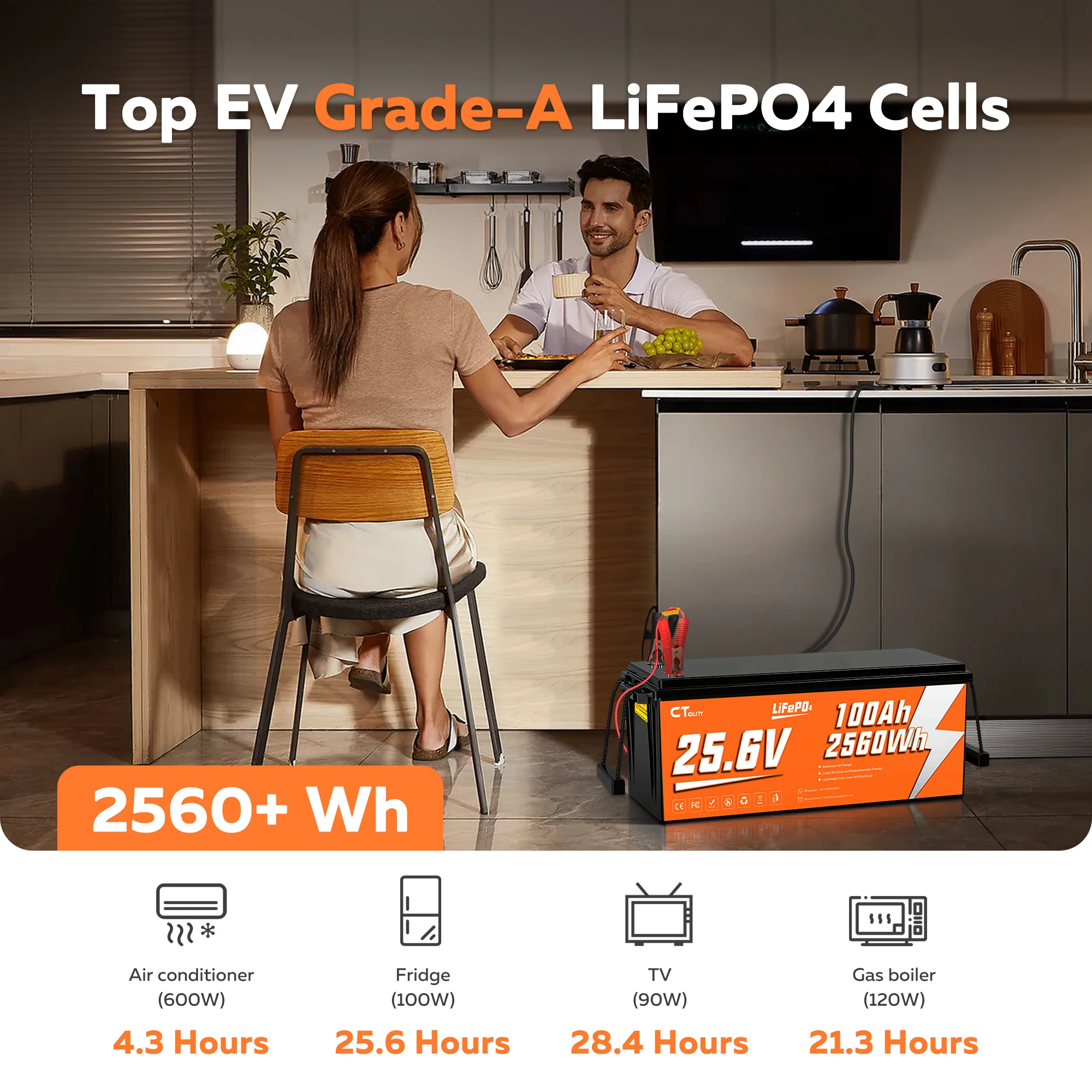 CTOLITY CT100-25 25.6V 100Ah 2560Wh LiFePO4 بطارية مدمجة 100A BMS A الصف خلايا ماكس 2560W 4000 + دورة مولد الطاقة الشمسية RV