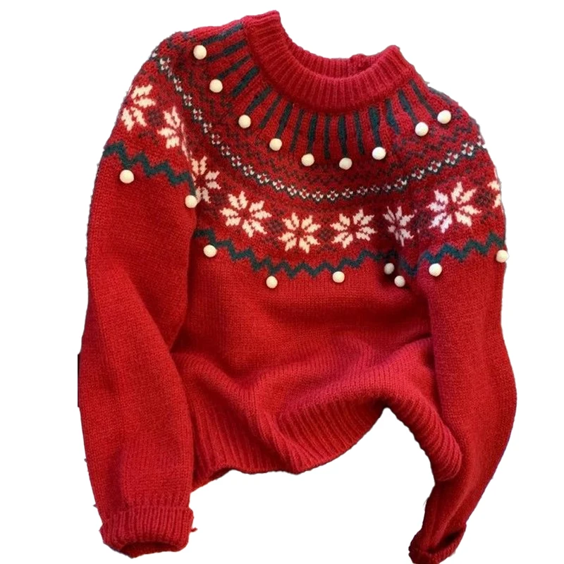 Świąteczny sweter damski z żakardowym wzorem Fair Isle na jesień i zimę, gruby, retro, luźny, uniwersalny top do noszenia pod ubraniem.