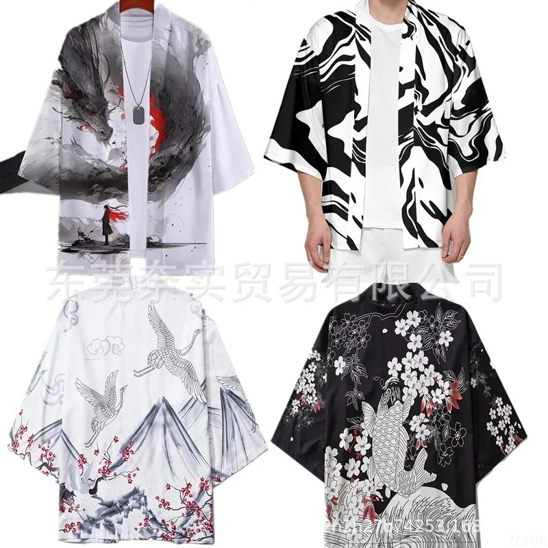 Summer Japanese Ukiyo-e Crane Cardigan, Kimono Cloak, Feather Woven Taoist Robe, 3D Printed Men's and Women's Clothing