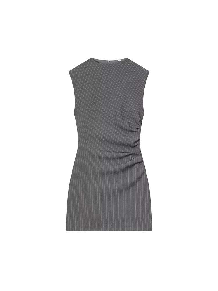 Mulheres novo casual sem mangas listrado mini vestido feminino elegante em torno do pescoço magro vestidos curtos senhora diário comute vestidos de escritório