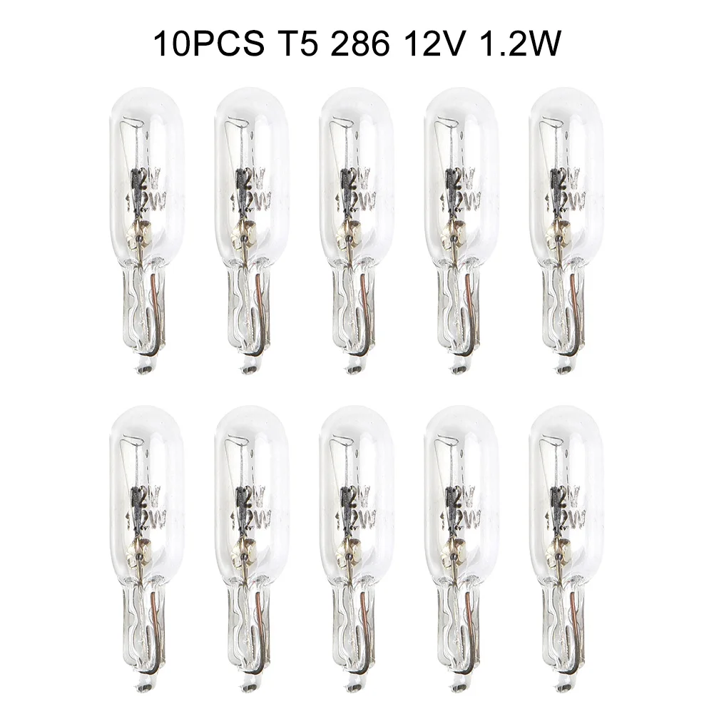 Long Lasting T5 286 Car Dashboard Light Bulb, 12V 1 2W, Quartz Glass Material, Pack Of 10 Bulbs, Halogen Technology