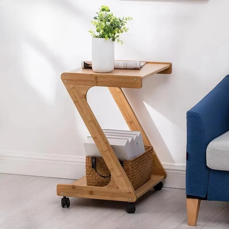 Multifunctional household storage furniture Movable storage rack Bamboo coffee table with wheels