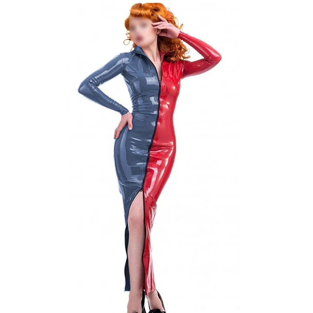 Candy Color Splicing Zipper Front Dress, Vintage PVC Wetlook, Long Pencil Dress, High Street Skintight Costume, Novelty