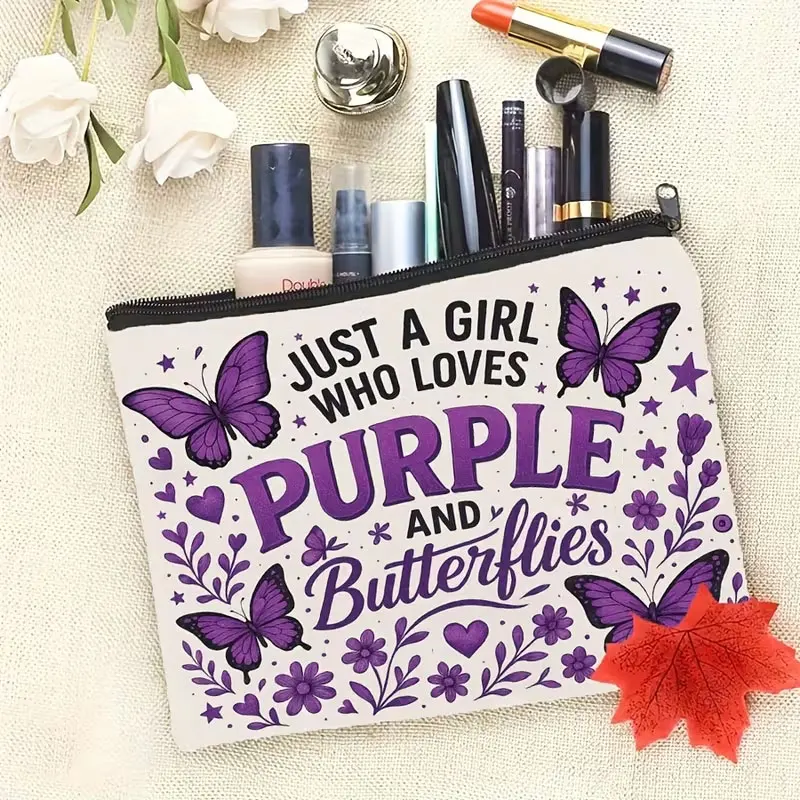 Purple Butterfly Art Bag - Lightweight Zipper Pouch for Women, Double-Sided Flower and Butterfly Design - Travel Toiletry Organizer, Thoughtful Gift for Mom, Friend, or Teacher