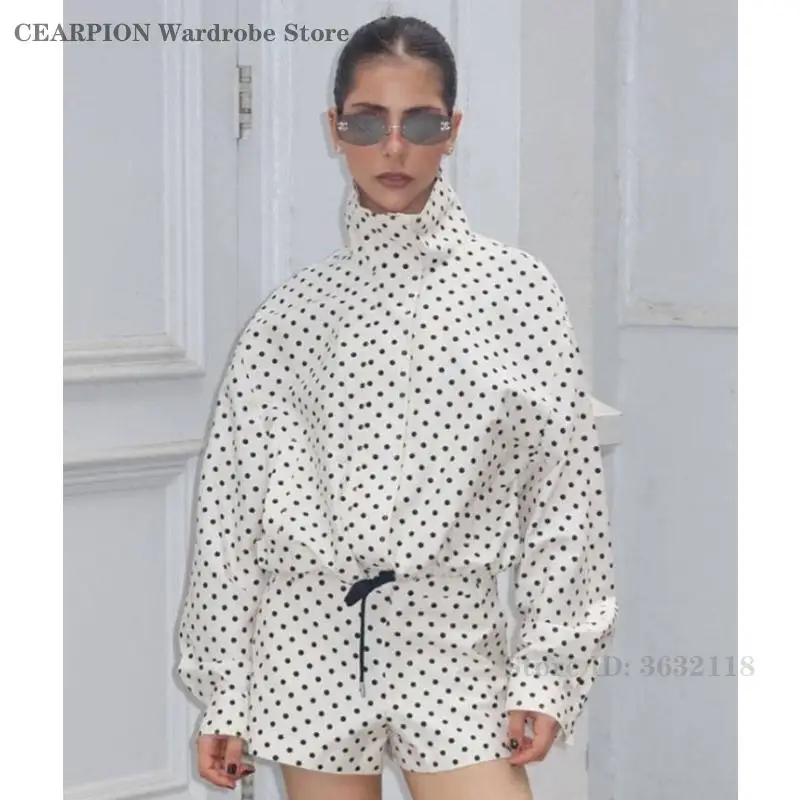 Women's Streetwear Long Sleeves Turtleneck Zipper with Pockets Drawstring Casual Coats Fashion Polka Dot Printed Jacket Shorts