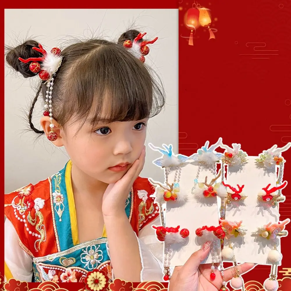 Simple Tassel Children Red Hairpin Plush Bow Hanfu Hair Sticks Cloth Girl Hair Accessories Ancient Style Hairpin Baby