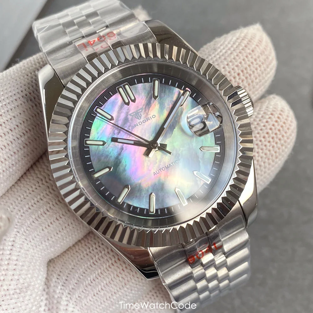 Tandorio Mother of Pearl Automatic Watch for Men NH35A Movement Chapter Ring Dial Fluted Bezel Sapphire Luminous 39mm Relojes