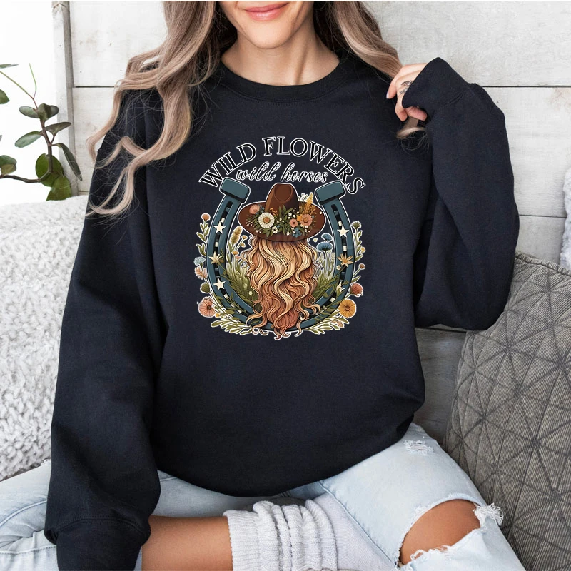 Wildflowers Wild Horses Sweatshirt Women Western Boho Flower Horse Classic Hoodie Women Horse Lover Gift Floral Cowgirl Sweater