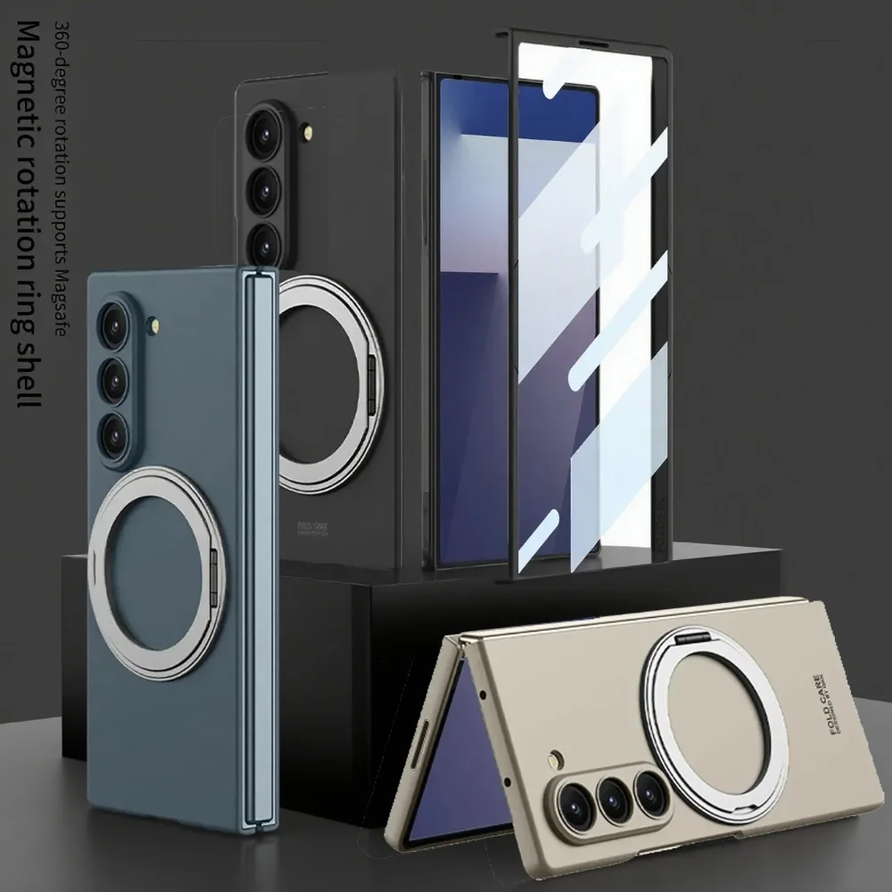 360 drehbare magnetische Halterung, kabelloses Laden, Kunststoff-Handyhülle mit Front-Displayschutz für Samsung Galaxy Z Fold 7, 6, 5G