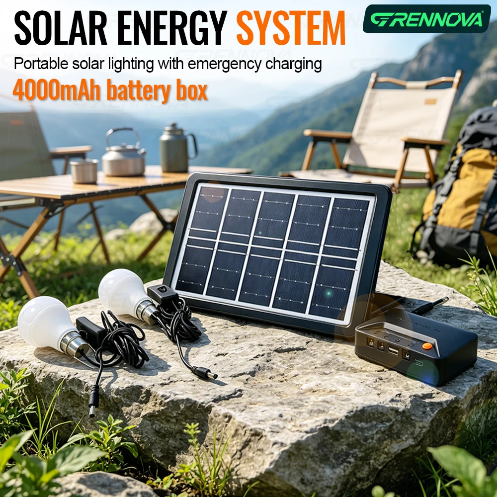Tragbares Solar-Beleuchtungsset mit zwei Lampen, integriertem 4000mAh-Akku, USB-Ausgang und Solarpanel für Camping, Notfälle und Zuhause