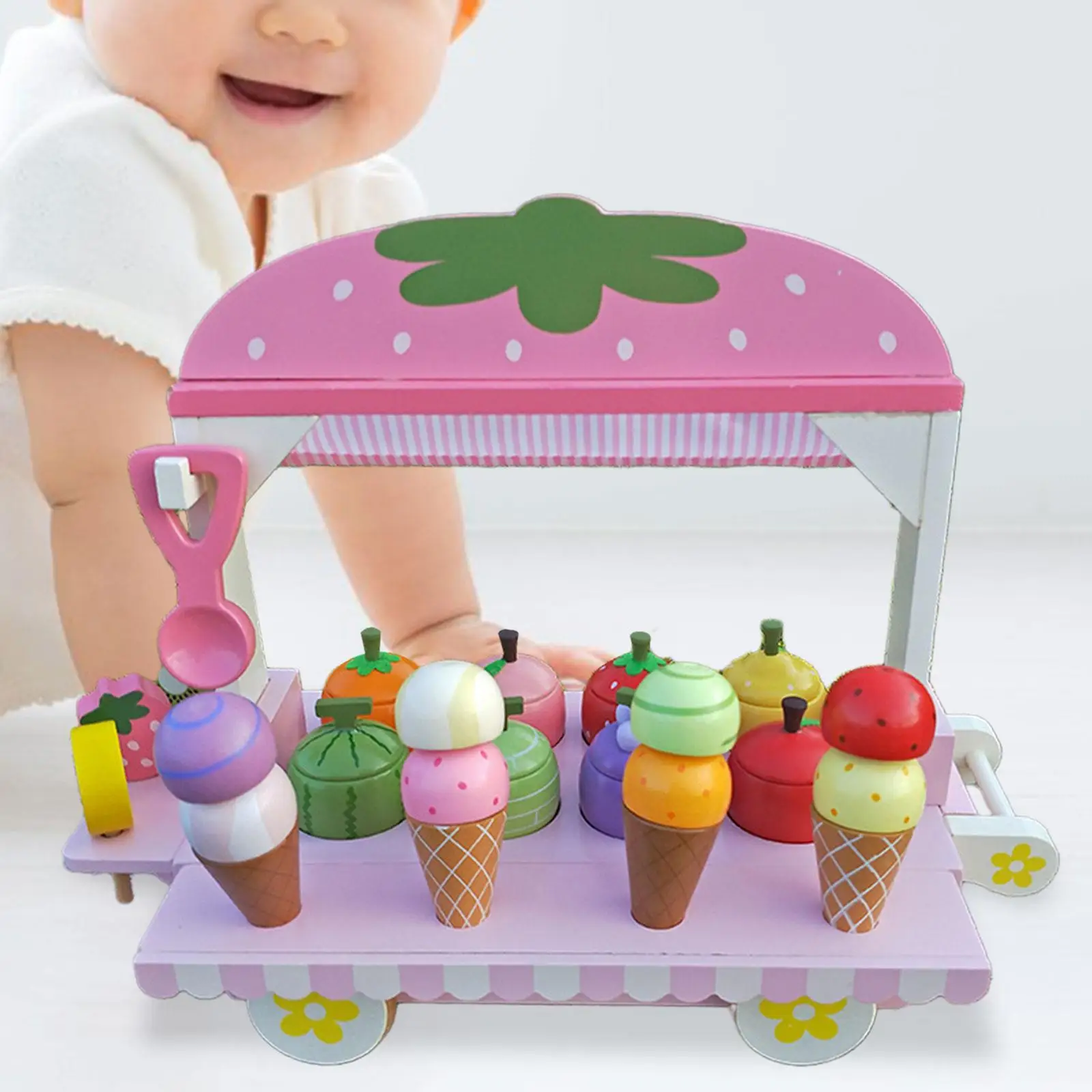 

Wooden Ice Cream Cart Toy Role Play Develops Social Skills Ice Cream Counter Playset for Preschool Girls Boys Kids Holiday Gifts