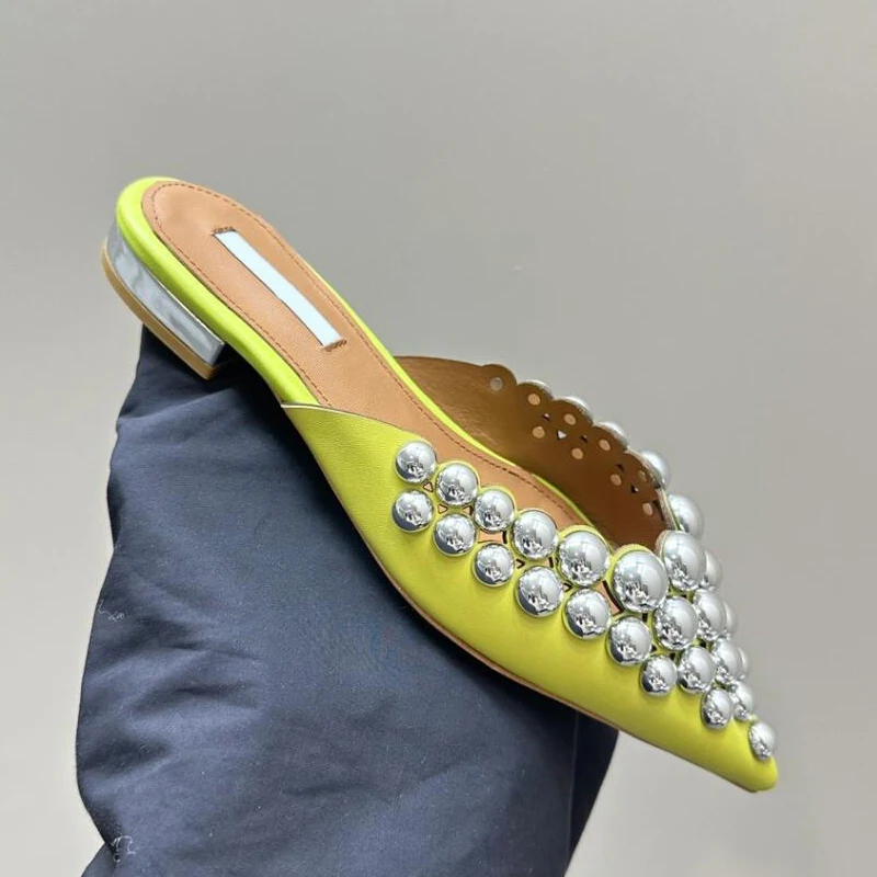 V-mouth Ladies Pointed Toe Slipper Shoe Real Leather Gold Pearls Decor Luxury Evening Party Leisure Mules Lazy Slides for Female