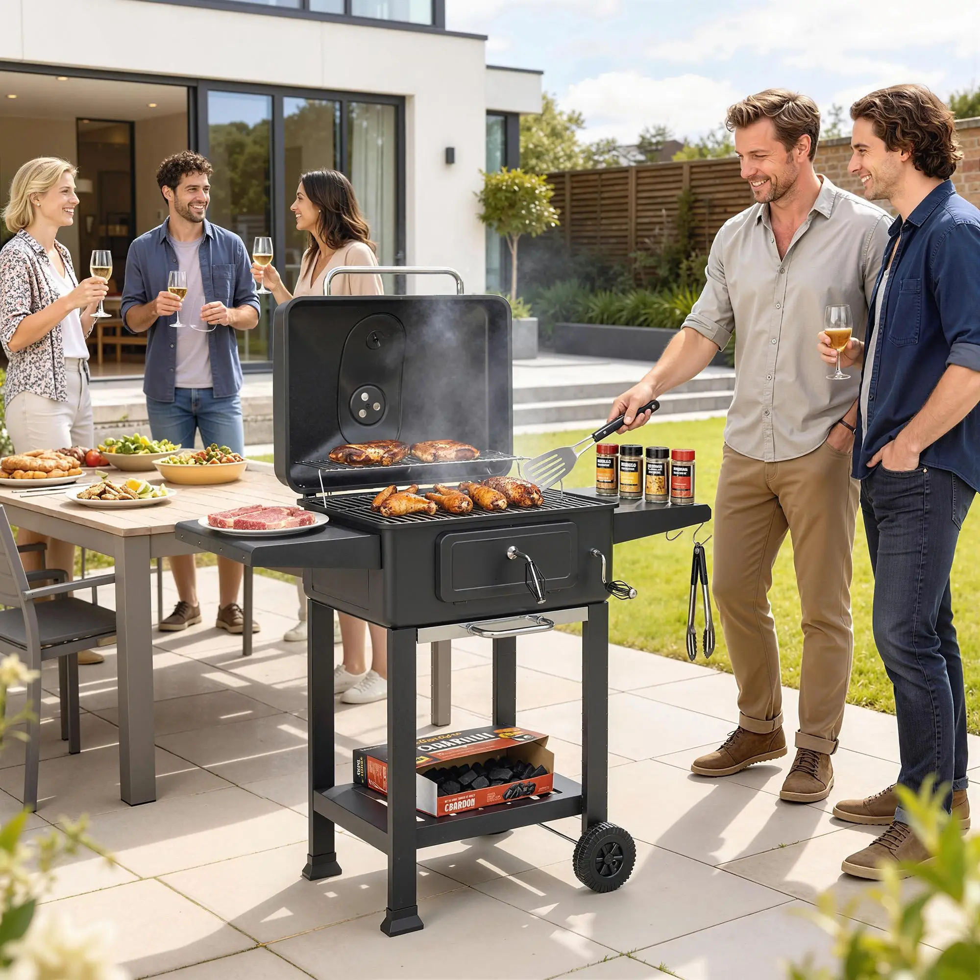 Holzkohlegrill BBQ Smoker mit Deckel Thermometer höhenverstellbar …