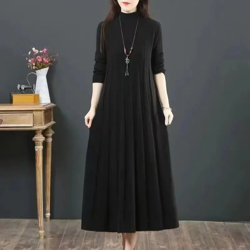 Autumn/Winter Women Knitted Dress 2025 New Solid Loose Pullover Half High Collar Long Knitted Sweater Dress Female High-Quality - Image 6