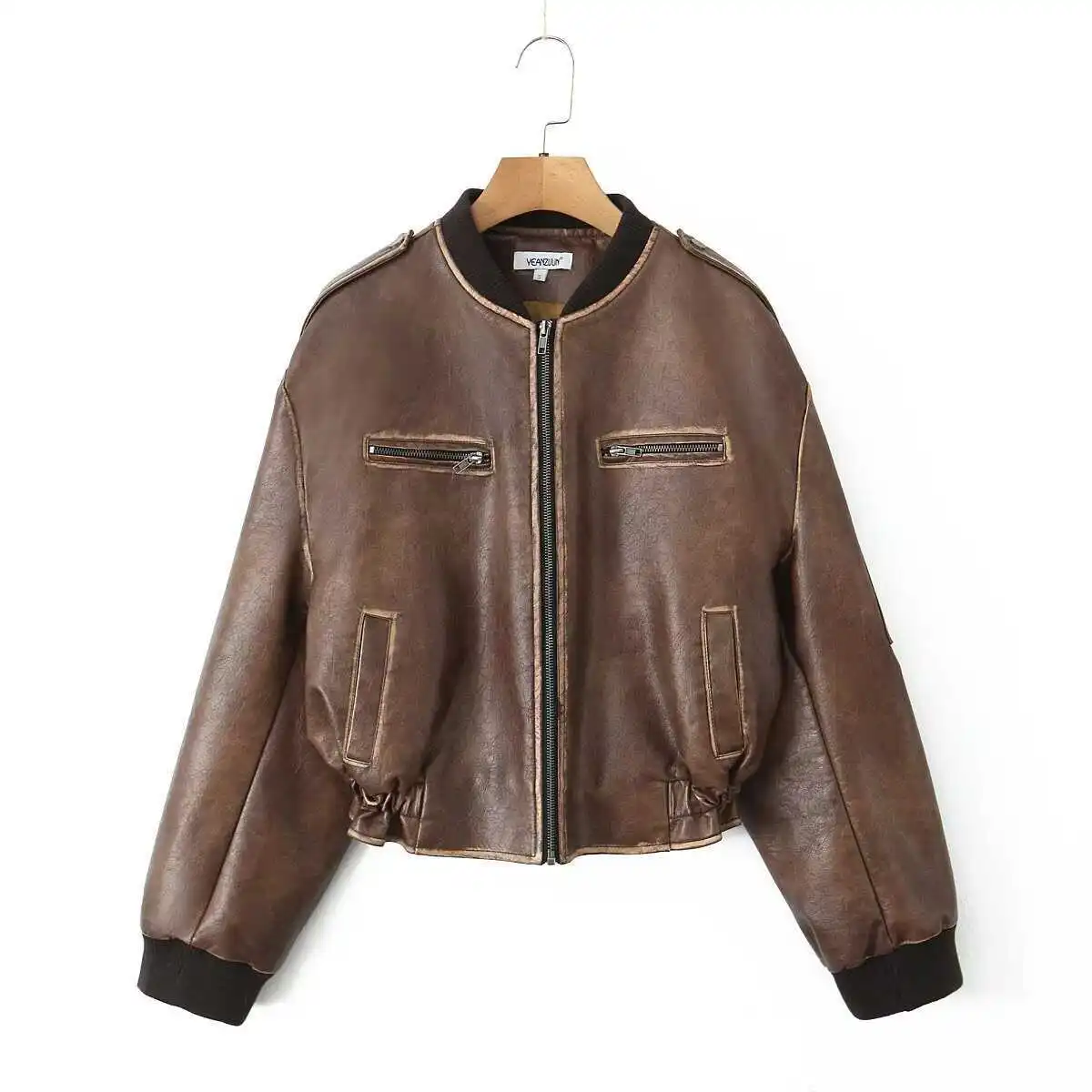 Autumn and Winter American Retro High Street Coffee Leather Jacket Design Sense Coat