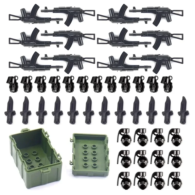 MOC – boîte d'armes militaires américaines, ensemble d'équipements de l'armée, accessoires de pistolet, Mini figurines d'action de soldat, blocs de construction, briques, jouet cadeau