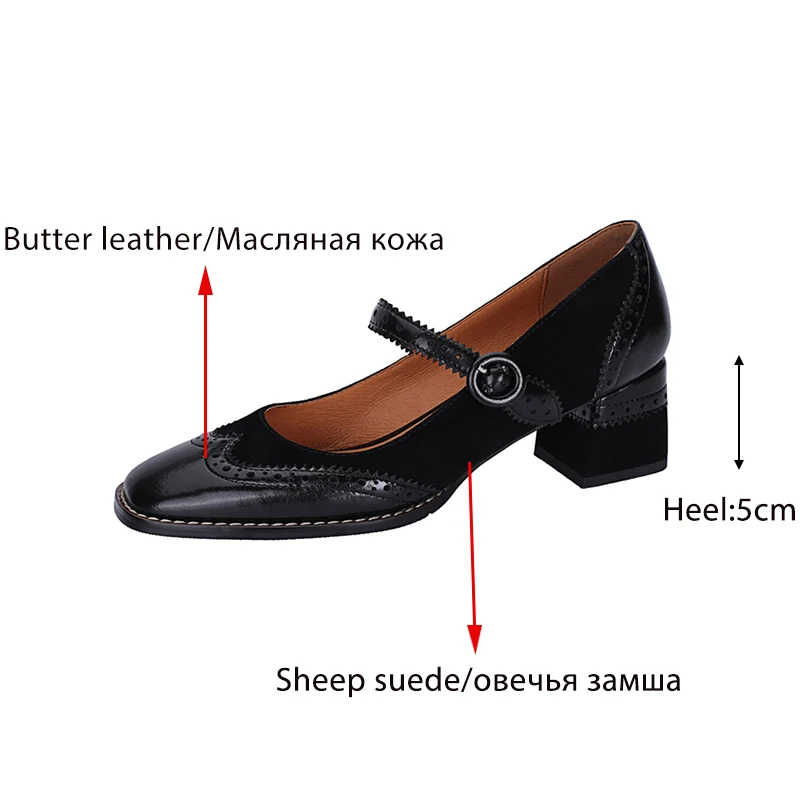 Genuine Leather Mary Jane Women\'s Shoes Fashion Retro Buckle Shallow Pumps Square Toe Thick Heel Handmade Shoes Woman Size 34-40