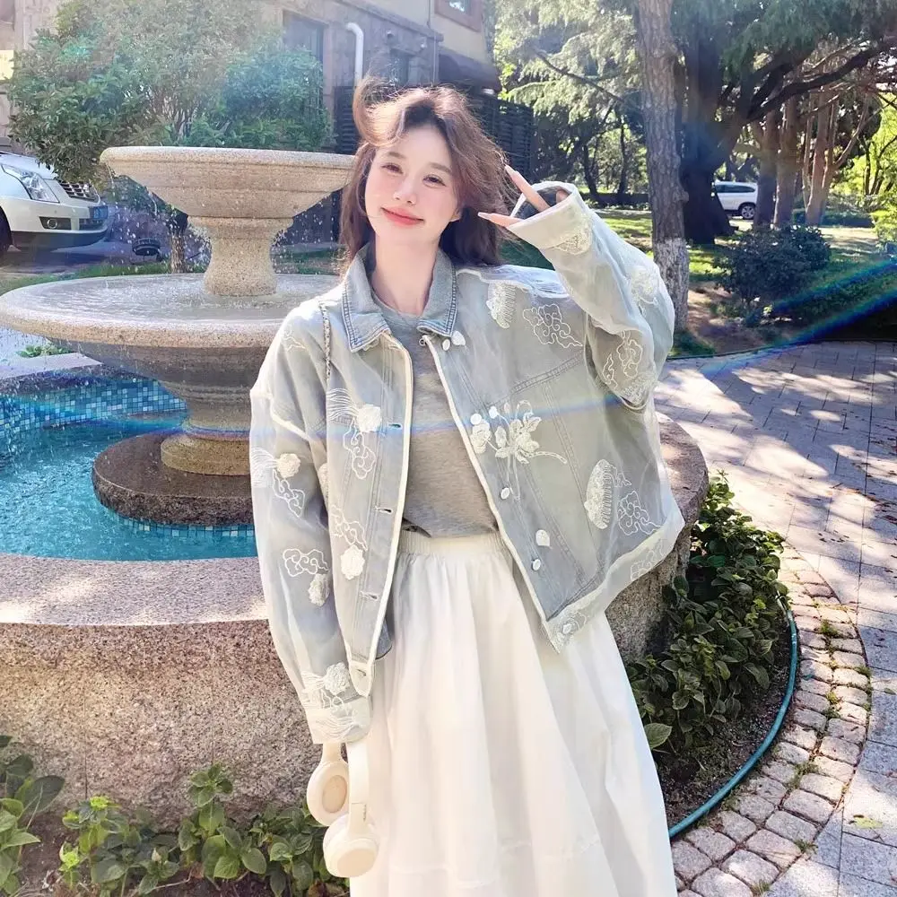 

Spring/Autumn New Arrival Trendy Mesh Loose Fit Denim Jacket Baseball Uniform Casual Coat