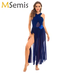 Women Lyrical Dress Dance Costume Sleeveless Floral Sequins Tank Leotard Maxi Dress for Lyrical Modern Contemporary Dance Dress