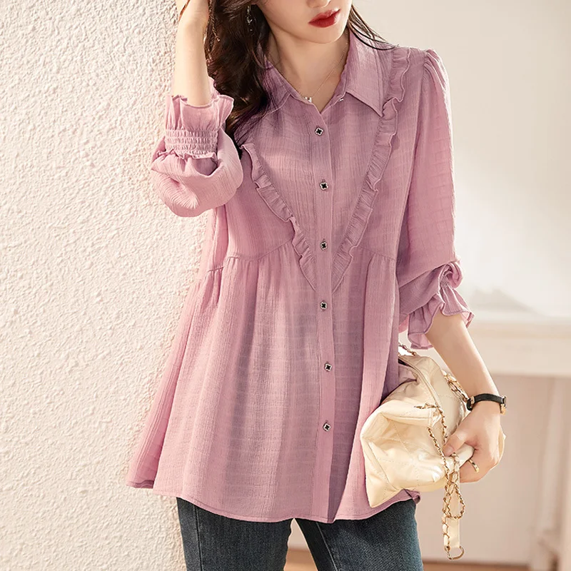 

Long Sleeve Shirts Womens Satin Ruffled Slim Fit Turn Down Collar Feminine Romantic Elegant Preppy Youthful Minimalist Daily