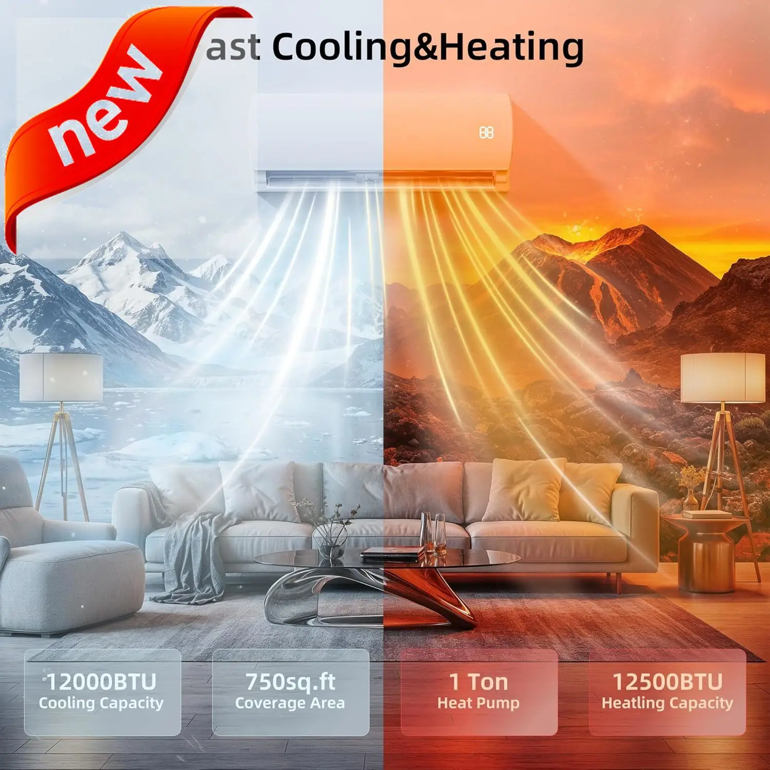 Mini aire acondicionado dividido de 12000BTU, mini inversor de sistema de calefacción/CA dividido de bajo consumo de 19 SEER2, unidad de CA sin conductos con