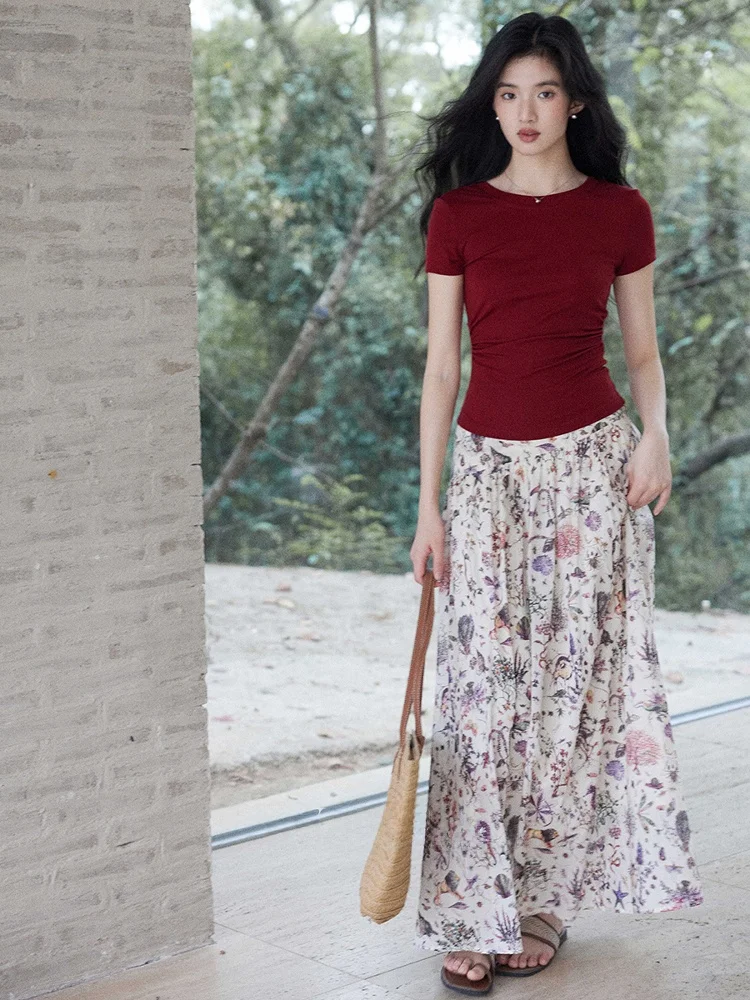 

Ретро-юбка с художественным принтом из хлопка, женская, с высокой талией, приталенная, А-силуэт, с цветочным узором, от Er Yang Design