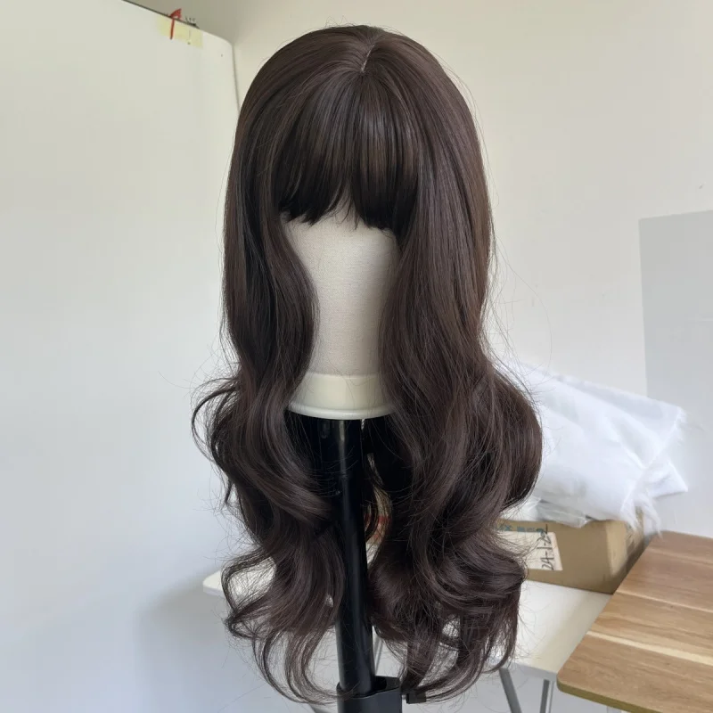 

Heat Resistant Hair Layered Dress Up Wig With Bangs Long Wavy Choc Brown