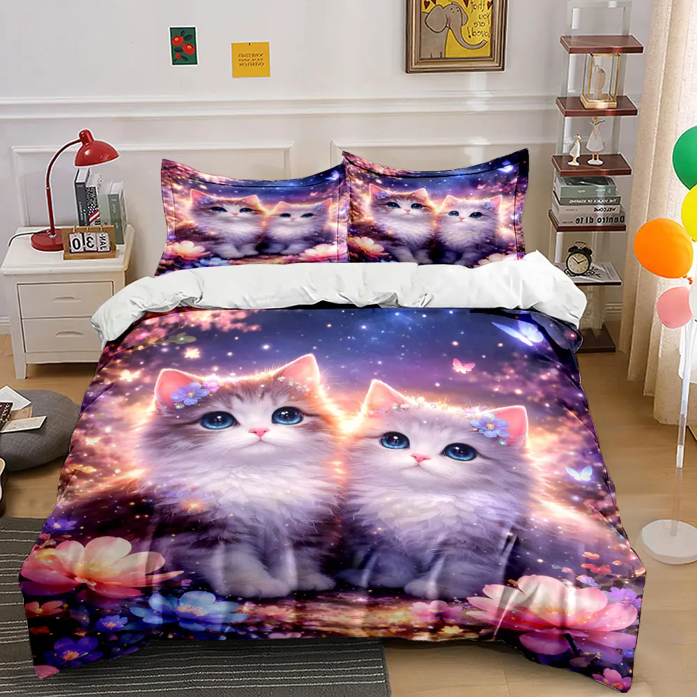 Adorable kittens in dreamy flowers Duvet Cover Set with 3D Printing Design Soft Polyester Bedding Set All-Season Comfort