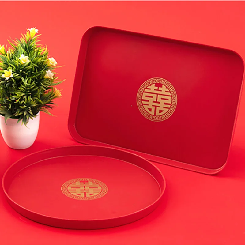 Chinese Red Plastic Oblong Round Toast Tray Hotel Wedding Party Tea Trays to Serve Food Festive Display Ceremony Decoration