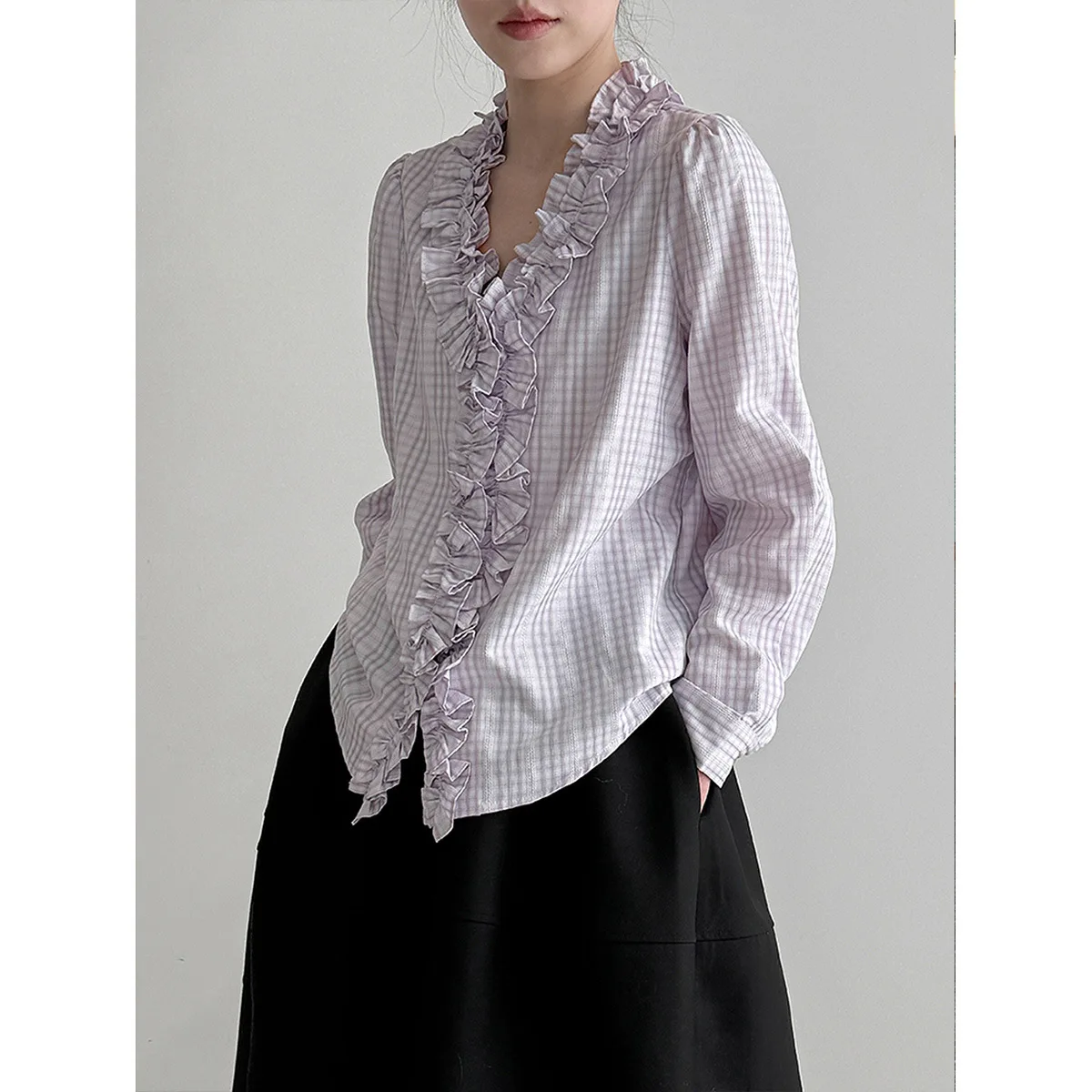 

Ruffled V-Neck For Women 2026 Spring Plaid Textured Shirt