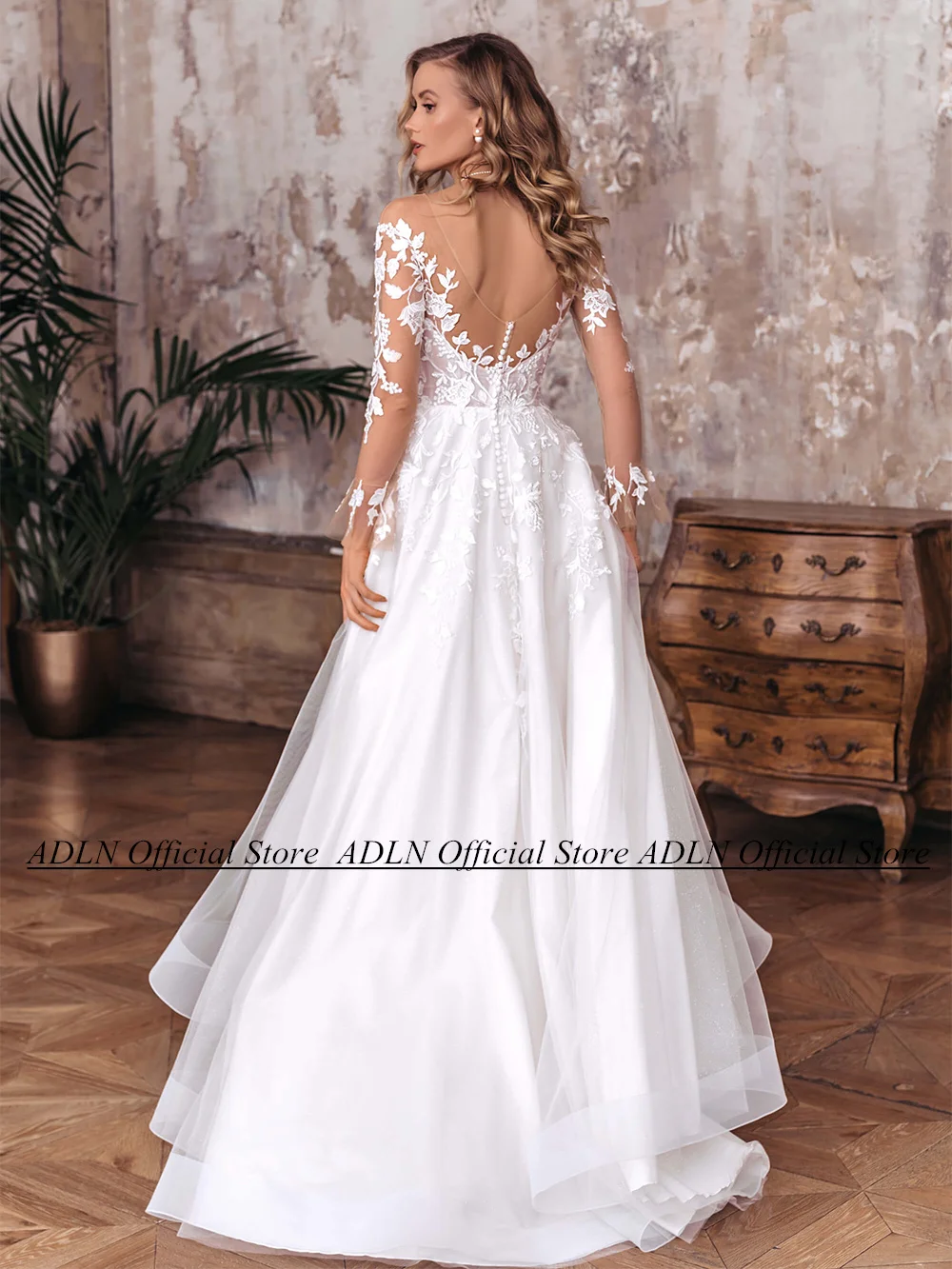 Abiti da sposa Sexy Boho per la sposa abito da sposa a maniche lunghe con scollo tondo Applique senza schienale con spacco a fessura abito da sposa Robe De Mariee