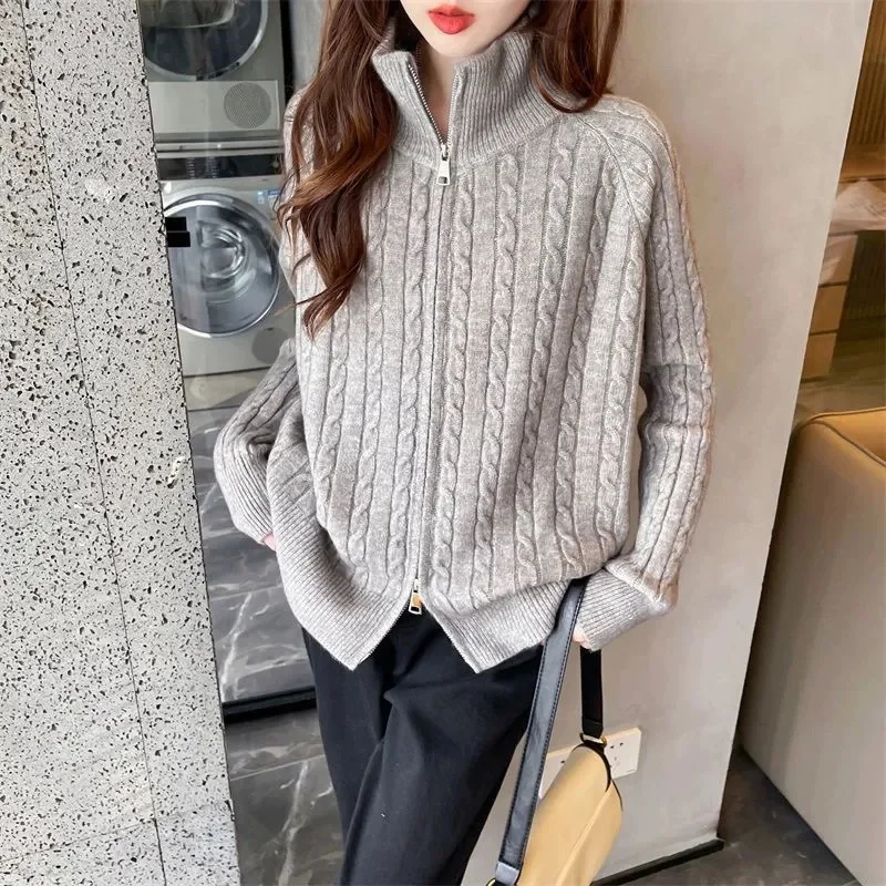 2026 Winter New Thick Turtleneck Cashmere Knitted Cardigan Women Casual Knit Loose Wool Sweater Female Tops