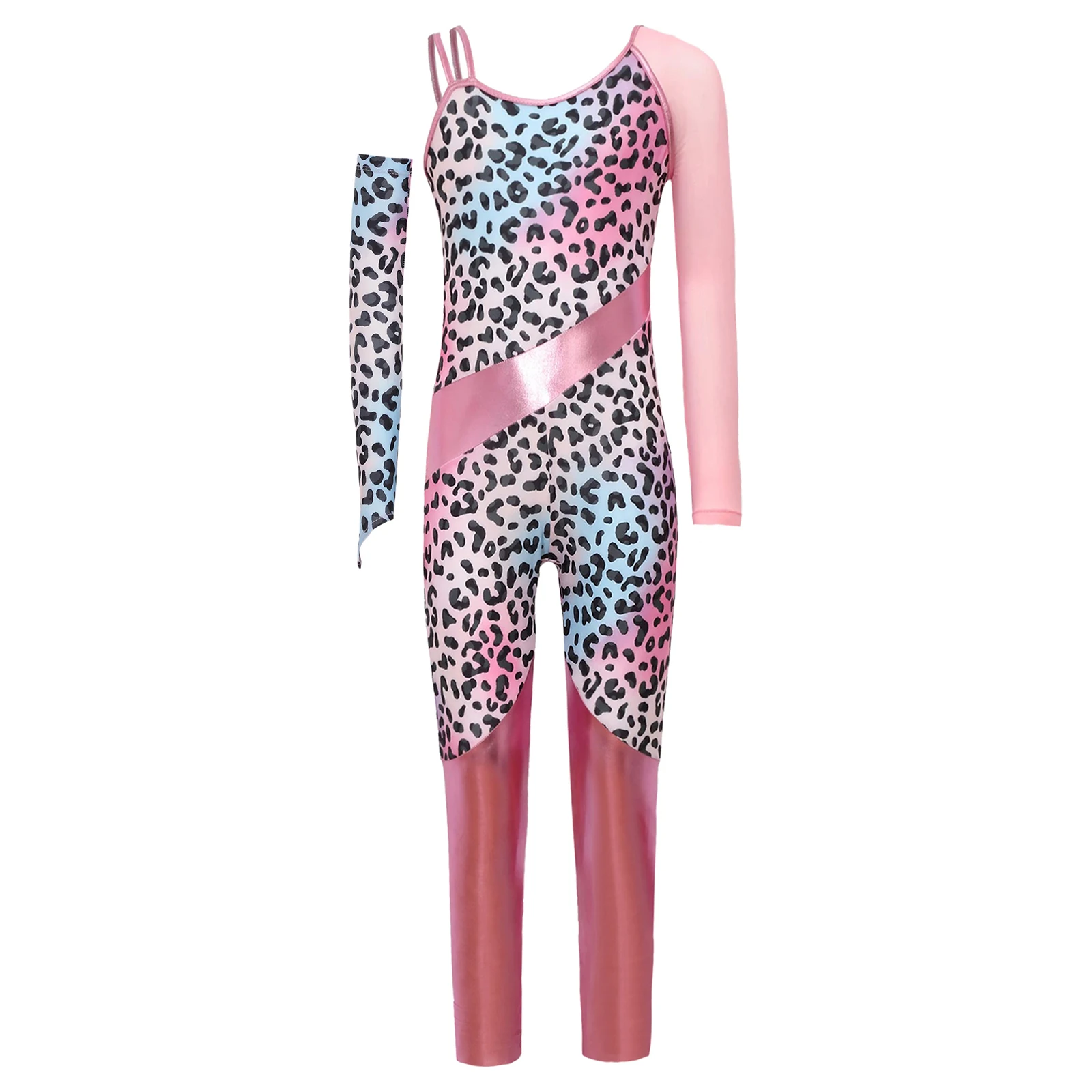 Kids Girls Ballet Jumpsuit Sheer Mesh One Shoulder Long Sleeve Bodysuit Figure Skating Gymnastics Leotard Performance Costume