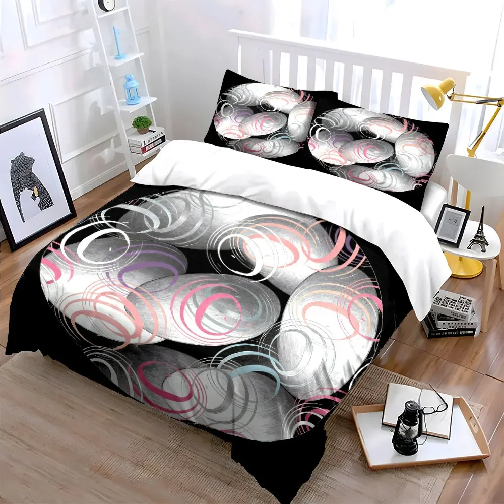 3Pcs Abstract Stone Bedding Set, Pastel Pink Purple Rings on Black Print Duvet Cover + 2 Pillowcases, Minimalist Modern Decor