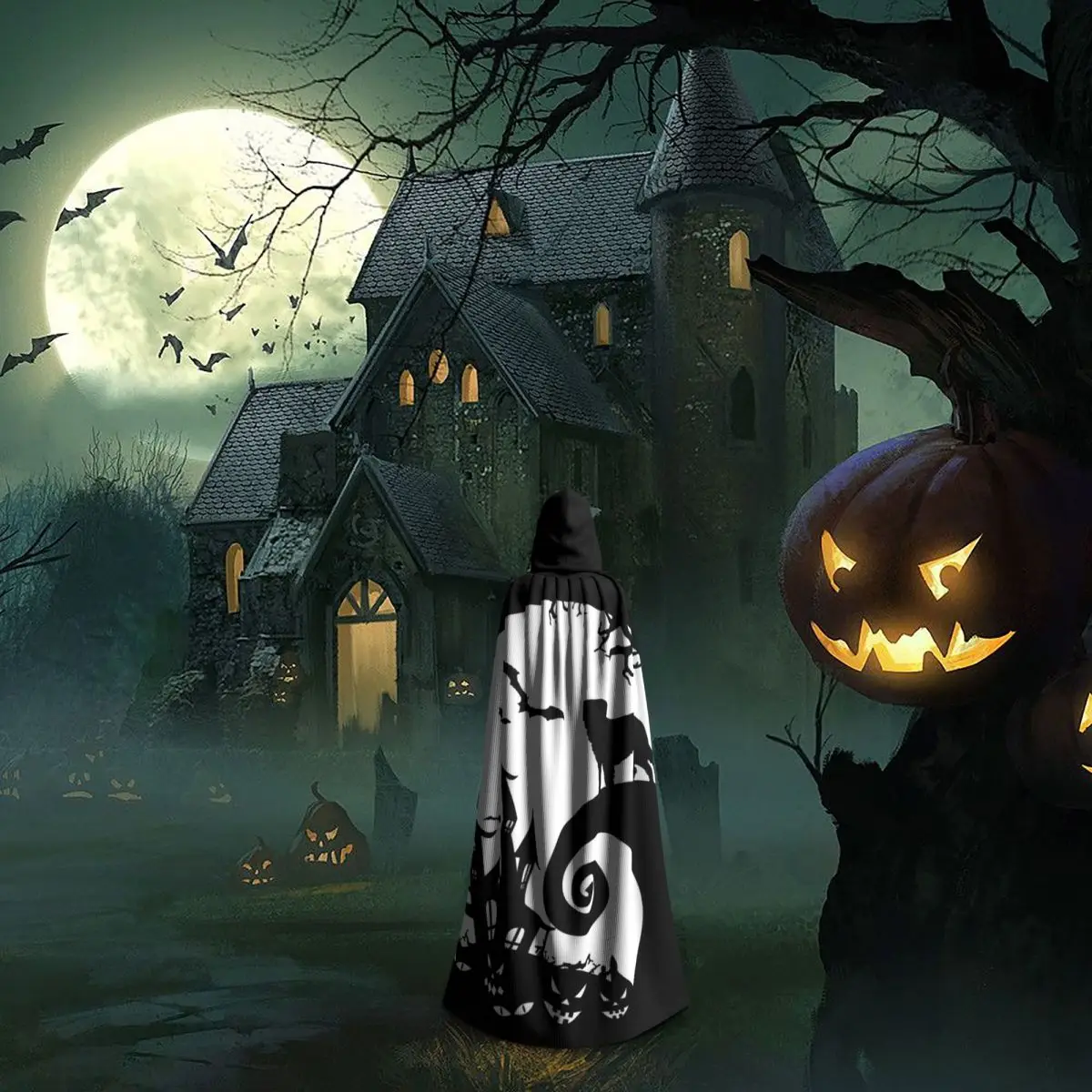 Saint Bernard Dog And Moon Halloween Long Hooded Cloak Witch Medieval Costume Cosplay Cape HalloweenCoat Adult Unisex