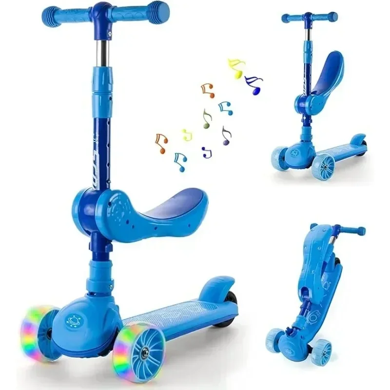 Kids Scooter 3‑Wheel Ride On Toy With Music Seat Adjustable For Boys Girls Ages 2‑12 Children Kick Slide Scooter