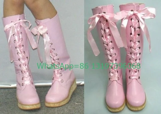 Lady pink metallic lace-up platform knee boots wooden printed design Mary Jane pink elegant boots gothic style lace-up boots 46