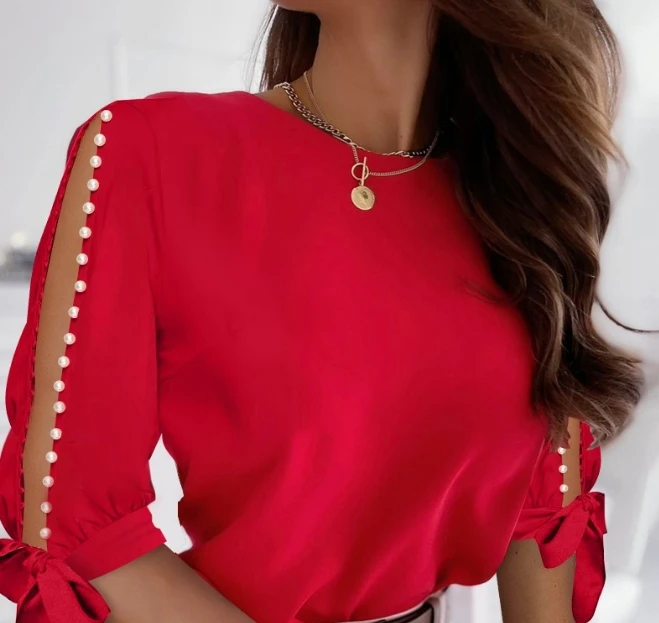 

Women Elegant Pearls Decor Hollow Out Top Temperament Commuting Female Clothing New Women's Split Sleeve Bowknot Casual Blouses