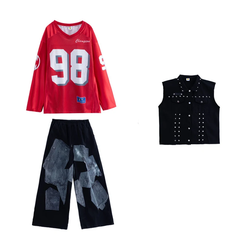 طفل Kpop الهيب هوب الملابس السوداء برشام سترة حمراء البلوز الدنيم طباعة واسعة الساق الجينز السراويل للفتيات الفتيان أزياء رقص الشارع #6