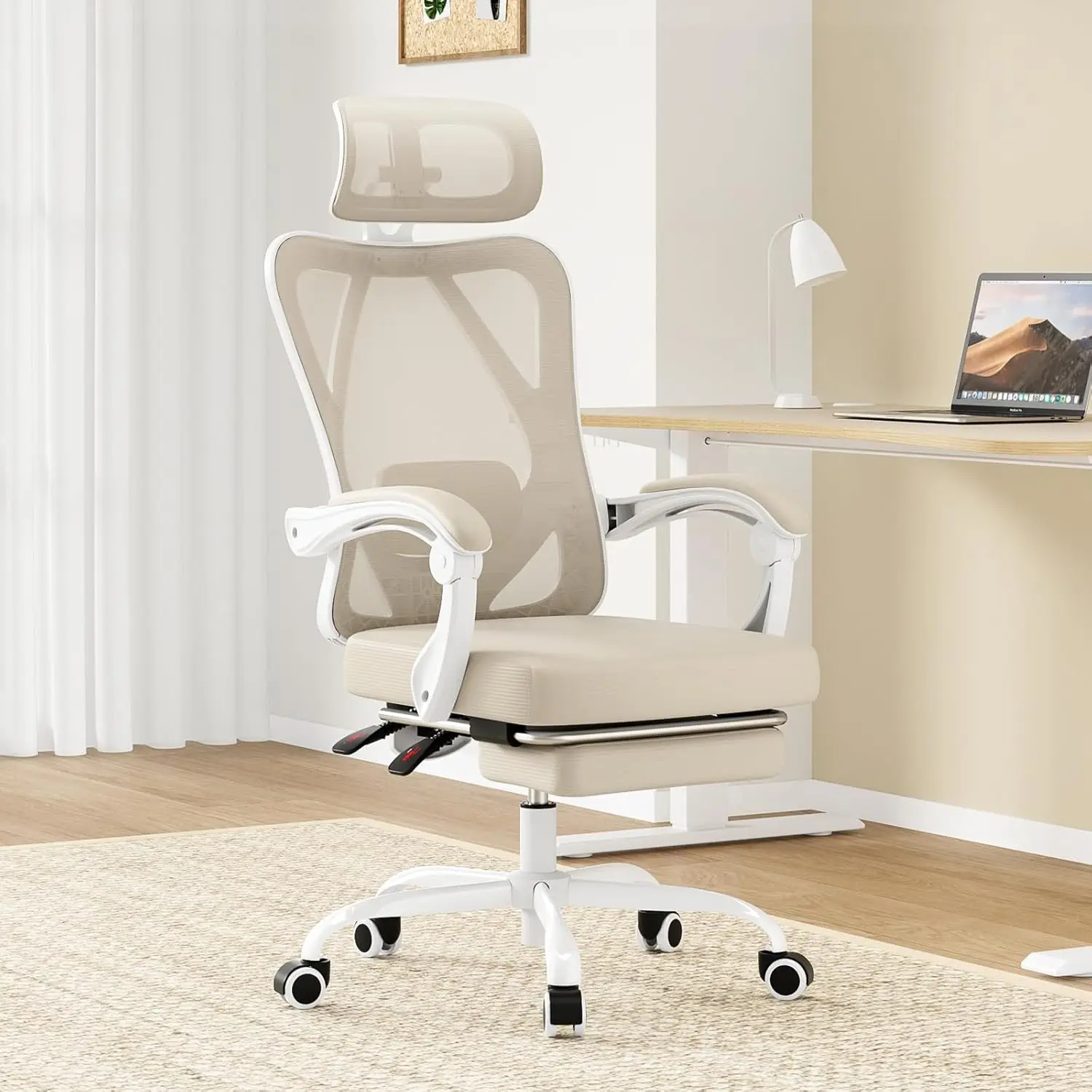 Ergonomic Mesh Office Chair with Headrest, Adjustable Lumbar Support, Footrest, Swivel Computer Chair for Home Office, White/Kha