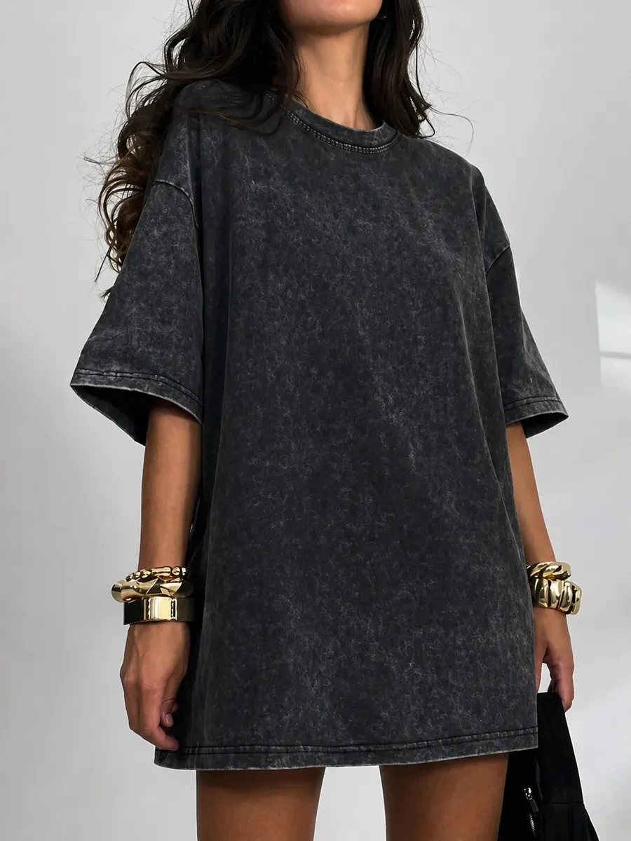 Summer Cotton Solid Washed T-Shirts Street Womens Short Sleeve Tops Fashion Oversized Clothes Casual O-Neck Comfortable Tees