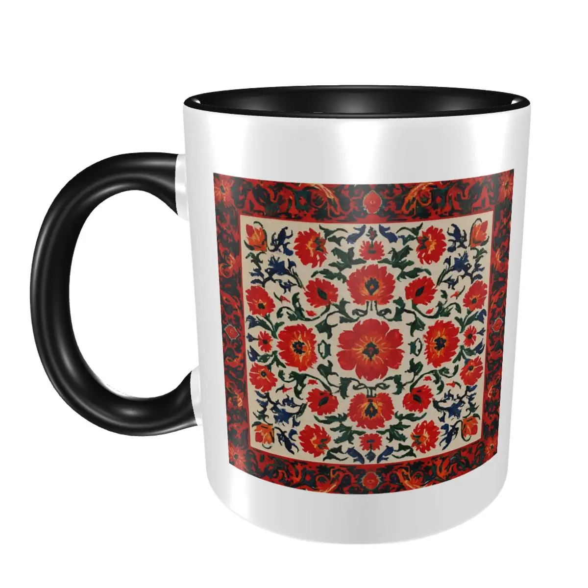 Caneca de Cerâmica Engraçada com Bordado Suzani Vermelho de Flores do Uzbequistão, Caneca de Café, Chá e Leite, Presente para Amigos