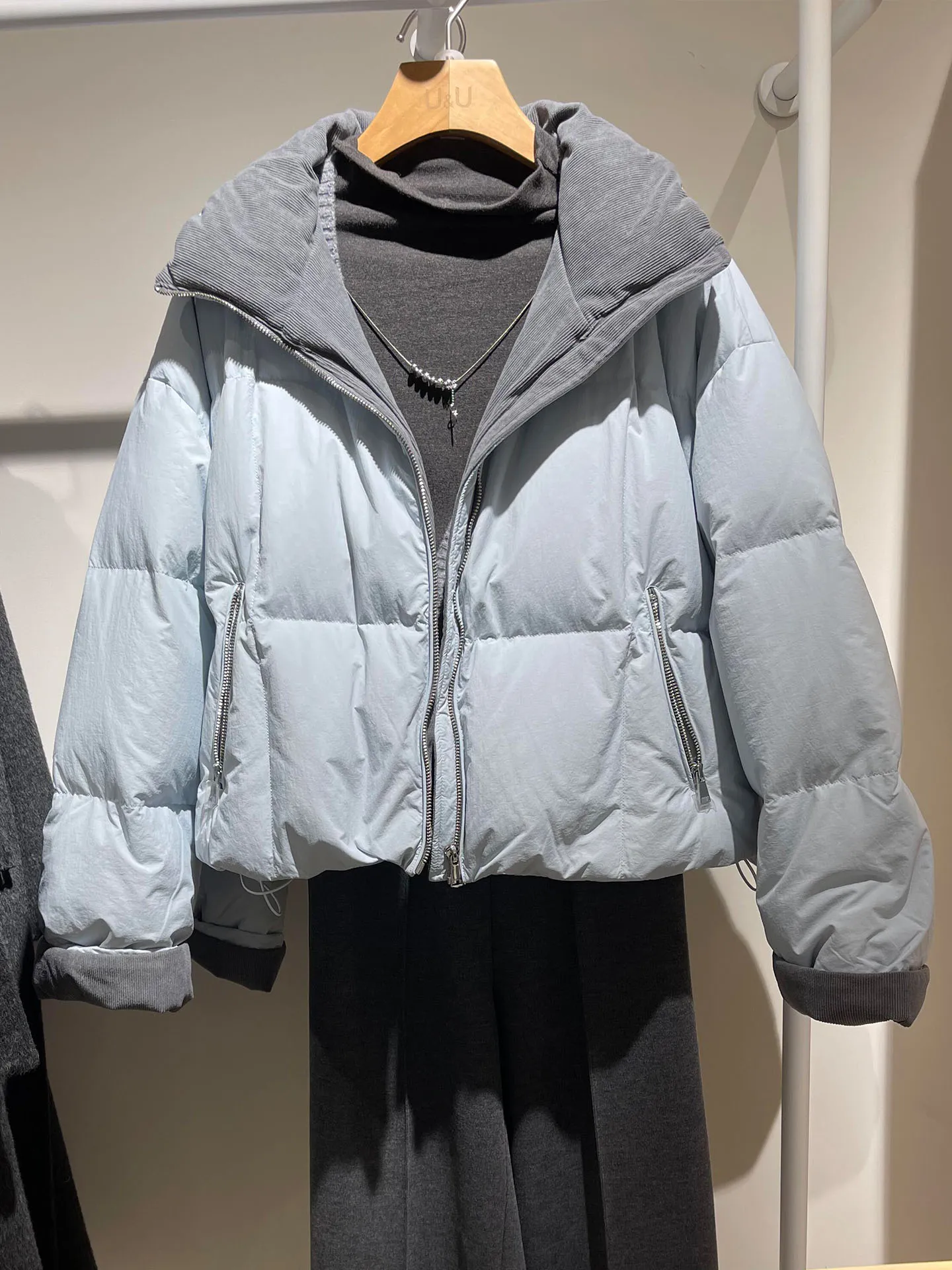 

Faionable ey down Jaet Women's Winter Warm Bread Sle Coat High Waist Long Sve ort Length Zipper Closure Pure Color